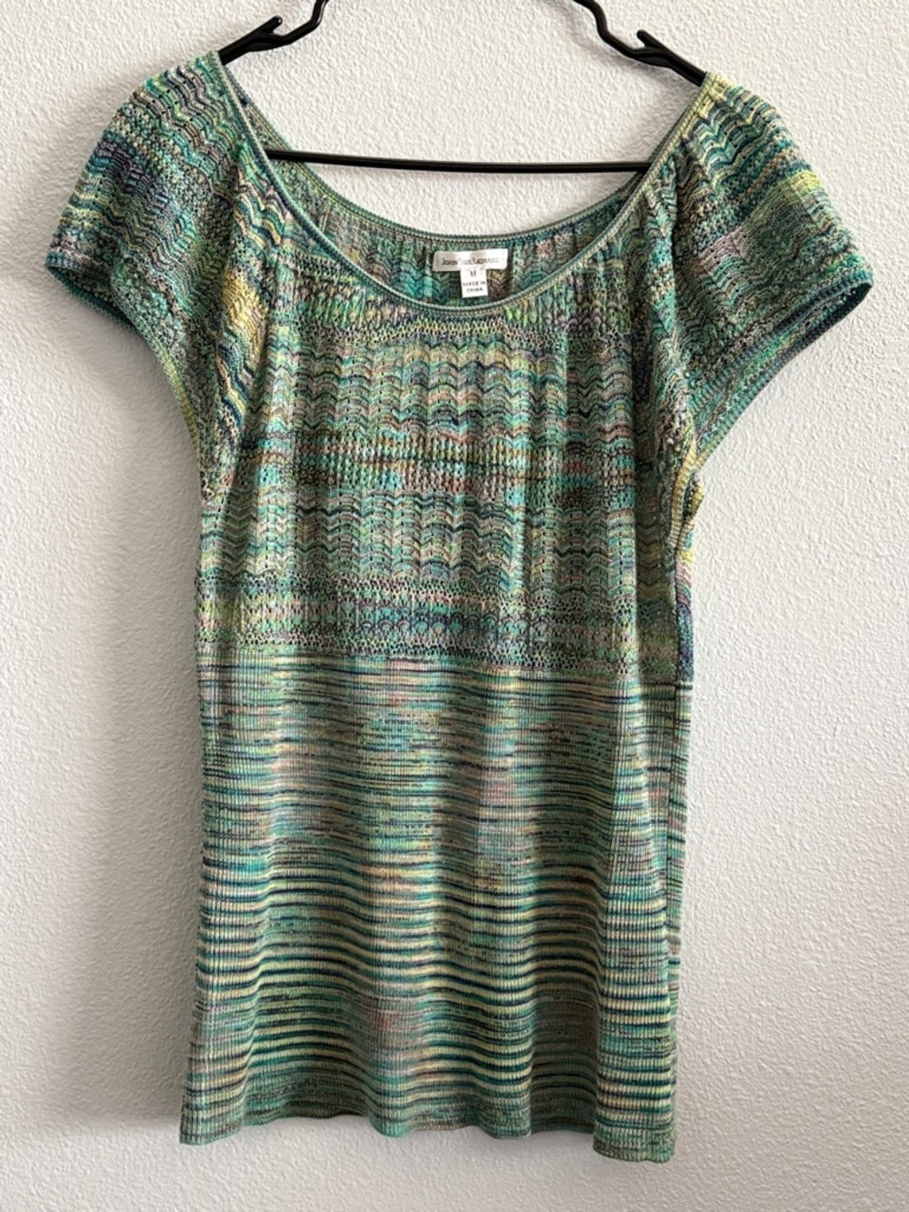 John Paul Richard Knit Top Green Multicolor Short Sleeve Y2K Boho Size M